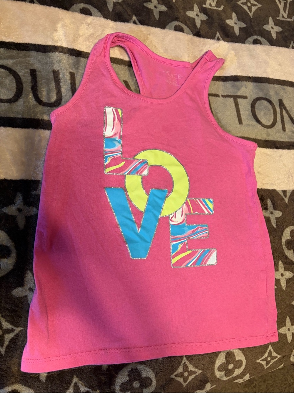 The Children's Place Pink Tank Top with Multicolor LOVE Applique